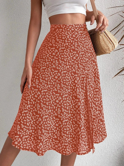 Floral Print Elastic Waist Leg Split Midi Skirt