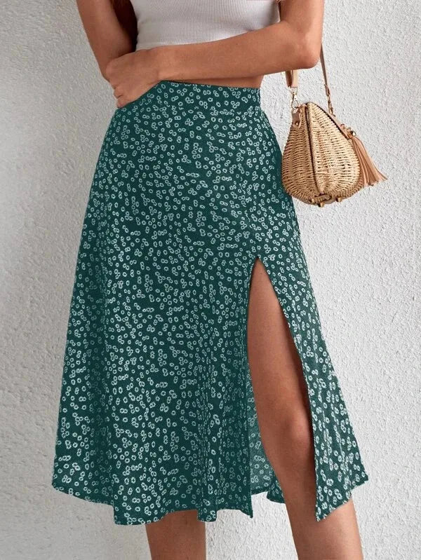 Floral Print Elastic Waist Leg Split Midi Skirt