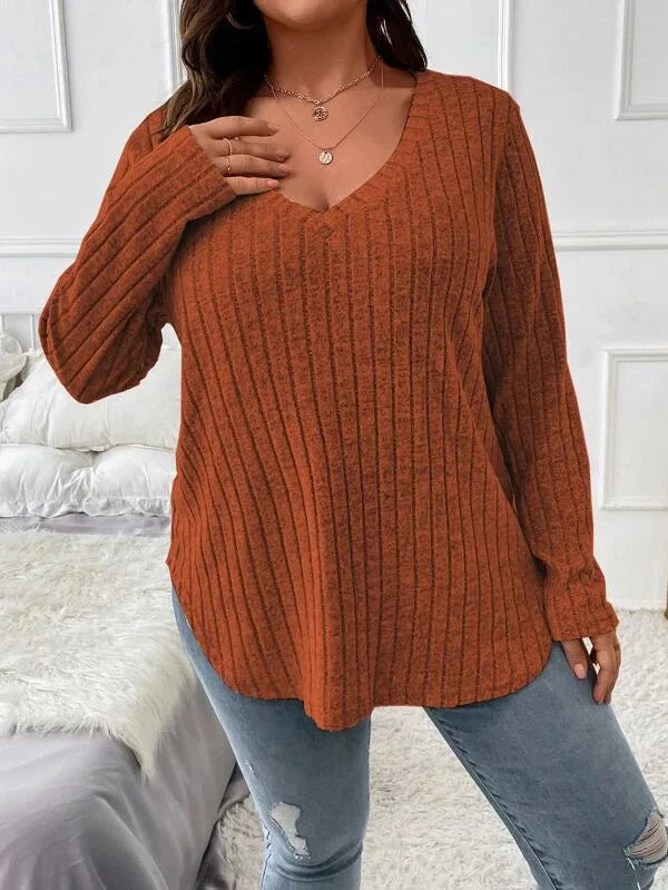 Plus Size V-Neck Ribbed Long Sleeve Top