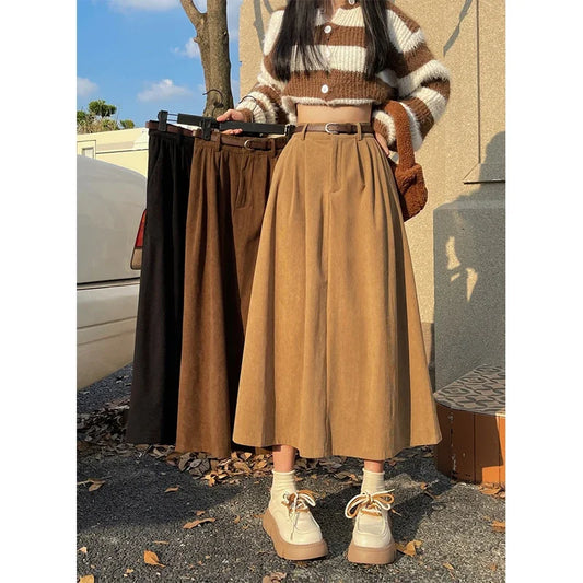 Vintage Belt Corduroy High Waist Skirt