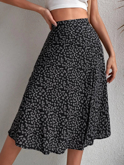 Floral Print Elastic Waist Leg Split Midi Skirt