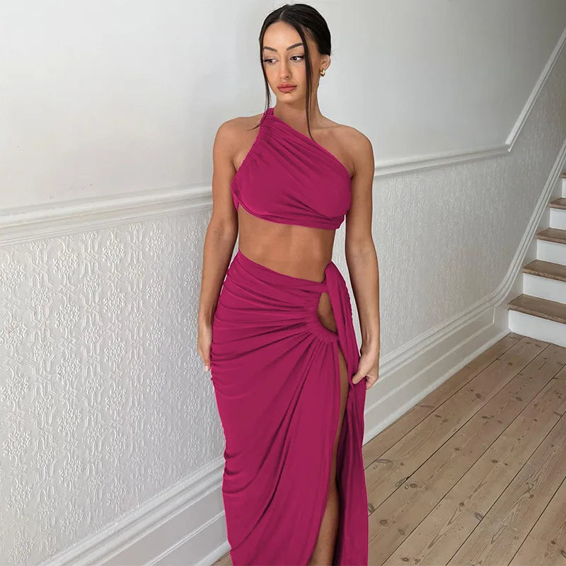 Co-Ord Set Oblique Shoulder Sleeveless Top + High Waist Leg Split Wrapped Maxi Skirt