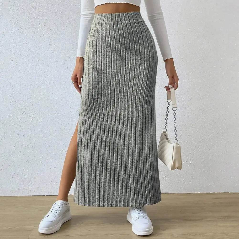 Ribbed High Waist Side Split Maxi Skirt