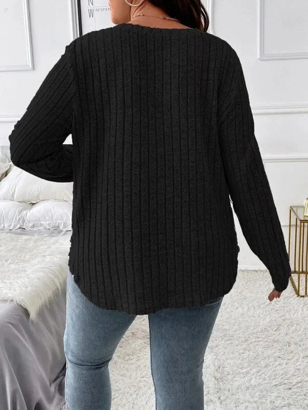 Plus Size V-Neck Ribbed Long Sleeve Top