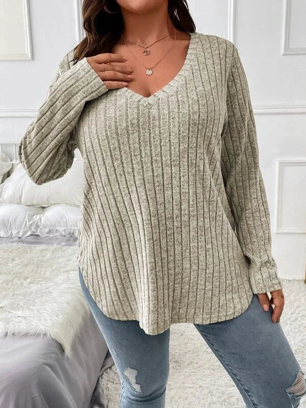 Plus Size V-Neck Ribbed Long Sleeve Top