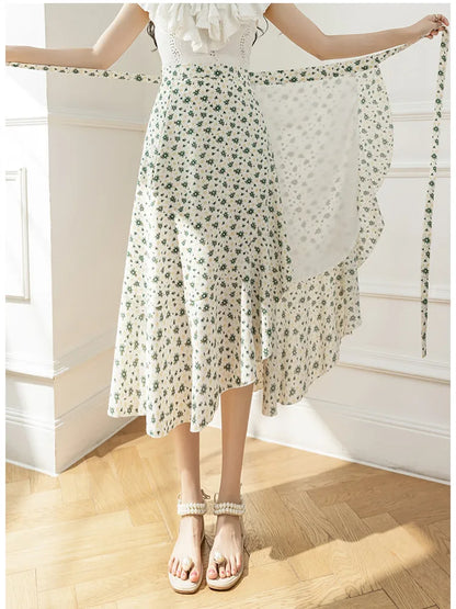 Flower Print High Waist Slit Midi Skirt