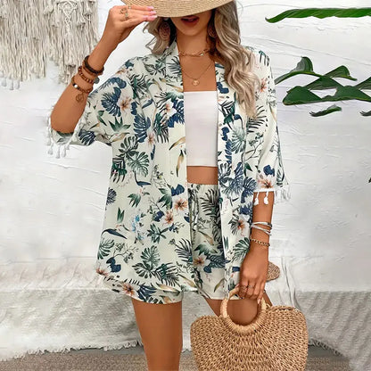 Co-Ord Set Flower Printed Beach Kimono Shirt + Shorts