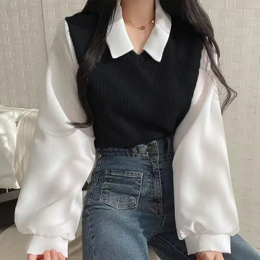 Faux Layer Polo Collar Blouse