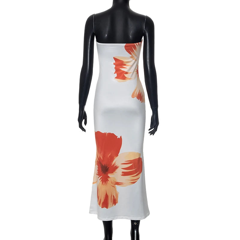 Flower Printed Strapless Maxi Dress