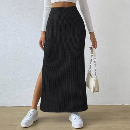 Ribbed High Waist Side Split Maxi Skirt