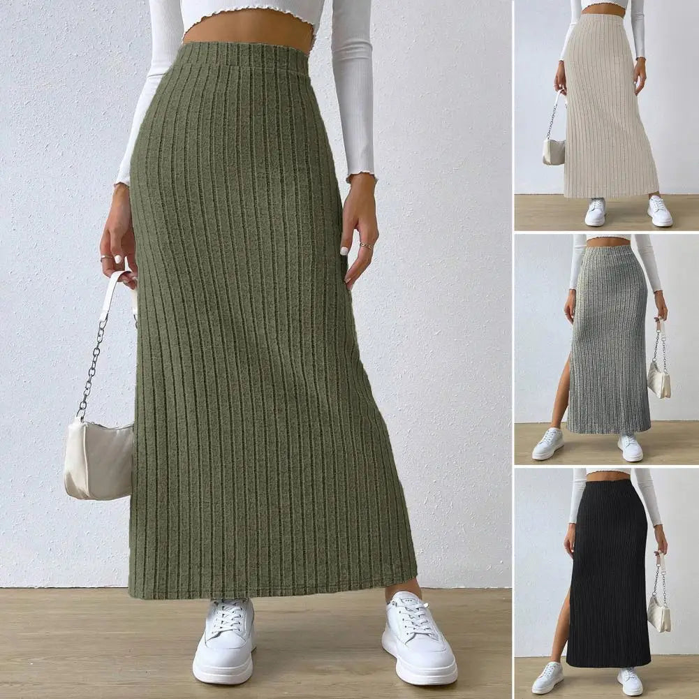 Ribbed High Waist Side Split Maxi Skirt