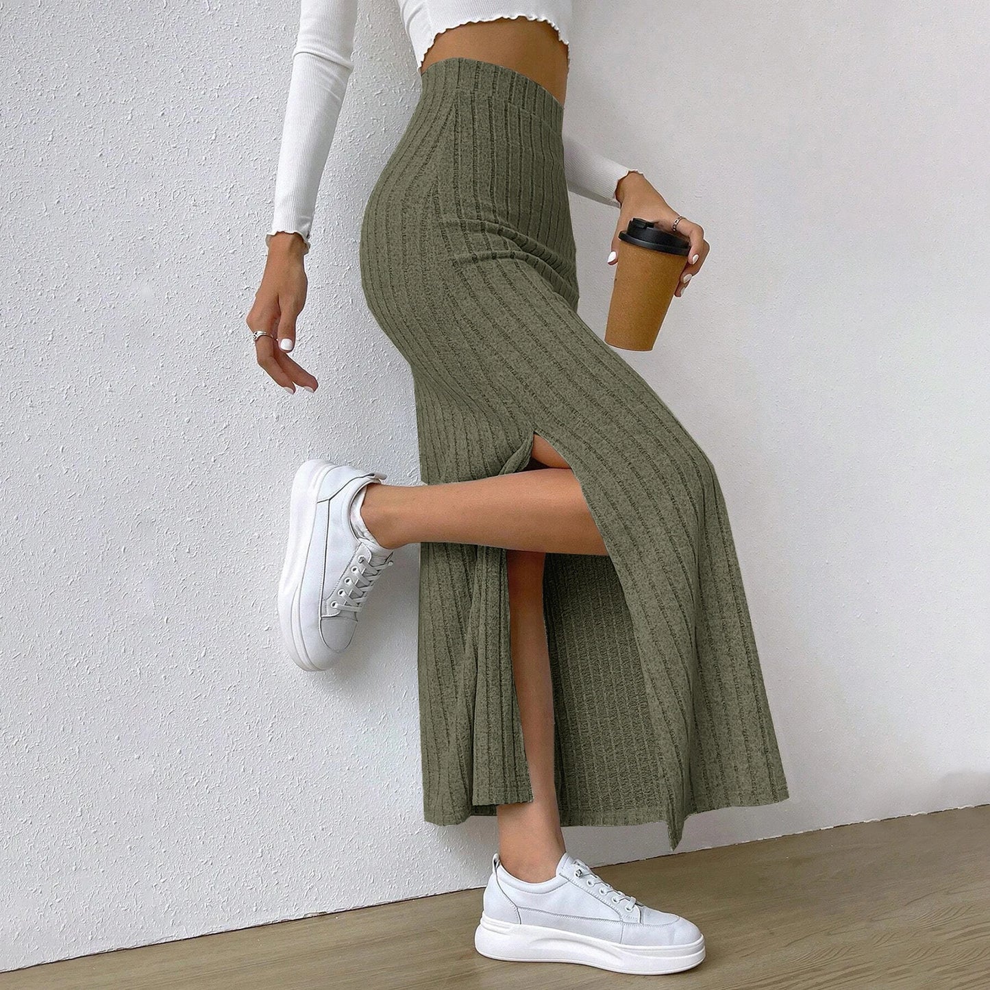 Ribbed High Waist Side Split Maxi Skirt