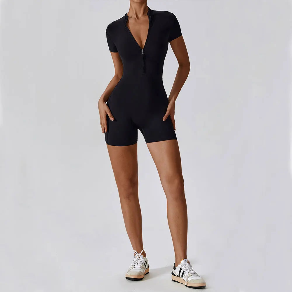 Short Sleeve Zipper Gym Jumpsuit