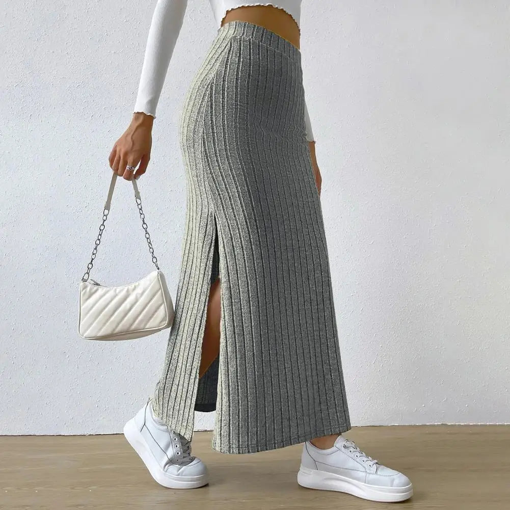 Ribbed High Waist Side Split Maxi Skirt