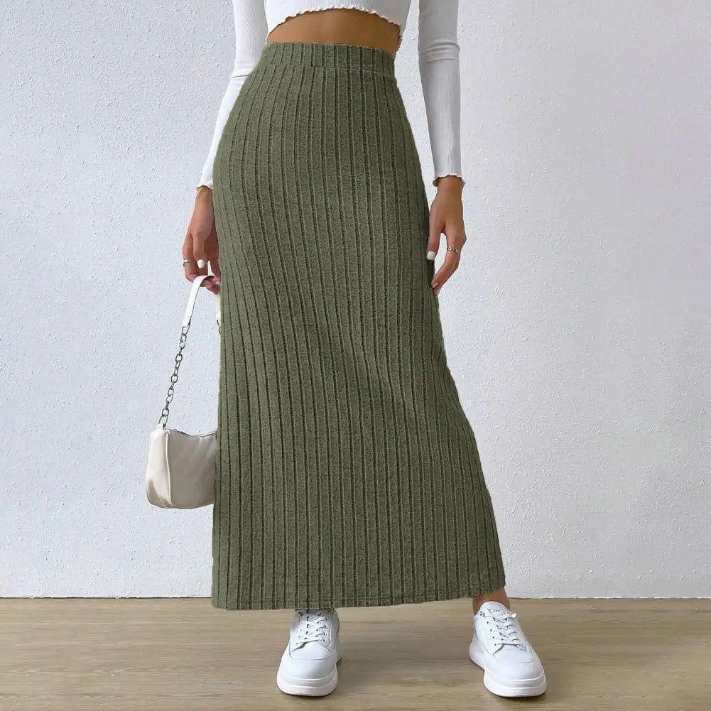 Ribbed High Waist Side Split Maxi Skirt