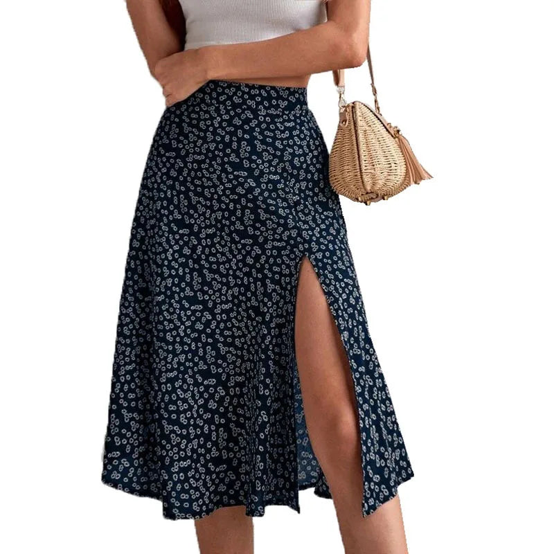 Floral Print Elastic Waist Leg Split Midi Skirt