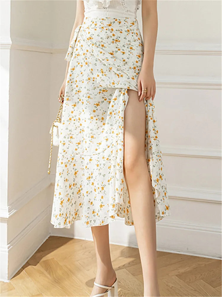 Flower Print High Waist Slit Midi Skirt