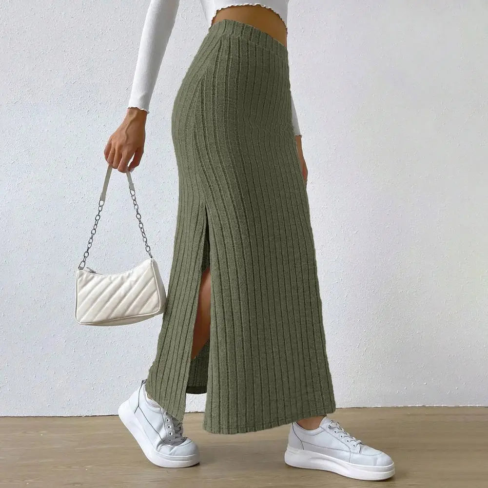 Ribbed High Waist Side Split Maxi Skirt