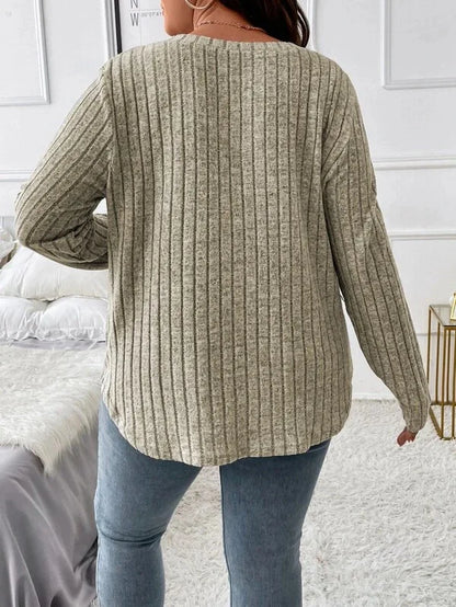 Plus Size V-Neck Ribbed Long Sleeve Top