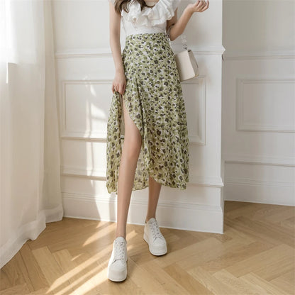 Flower Print High Waist Slit Midi Skirt