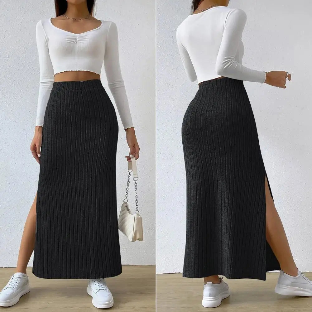 Ribbed High Waist Side Split Maxi Skirt