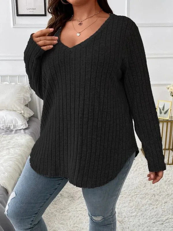 Plus Size V-Neck Ribbed Long Sleeve Top