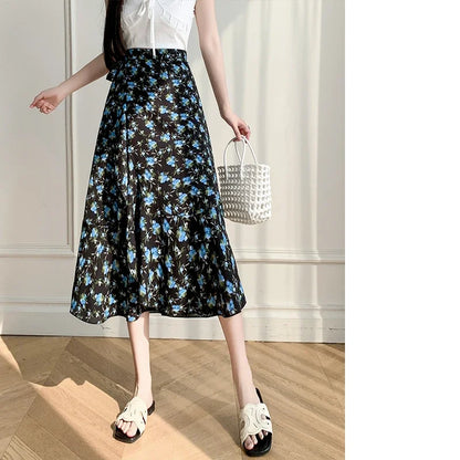 Flower Print High Waist Slit Midi Skirt