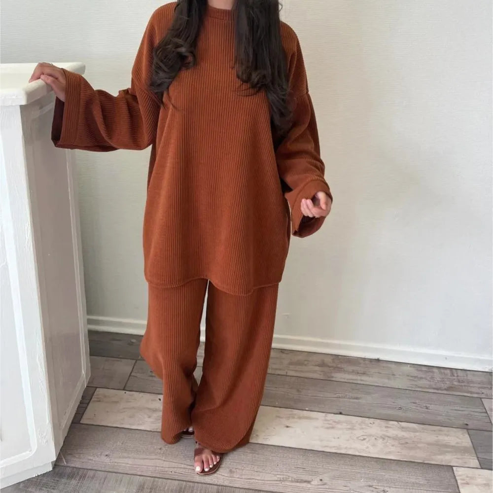 Co-Ord Set Solid Ribbed Loose Long Sleeve Top + Wide Leg Corduroy Trousers