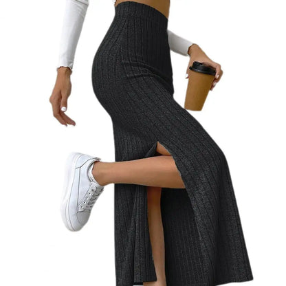 Ribbed High Waist Side Split Maxi Skirt