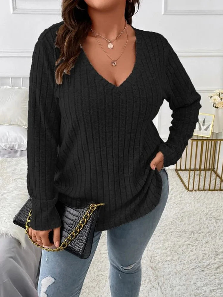 Plus Size V-Neck Ribbed Long Sleeve Top