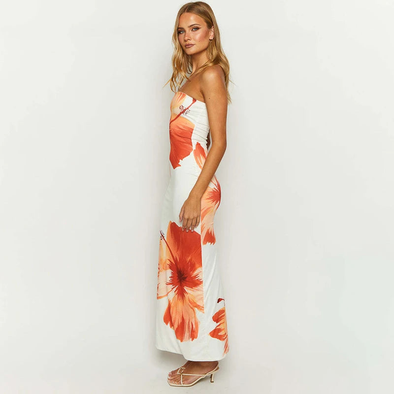 Flower Printed Strapless Maxi Dress