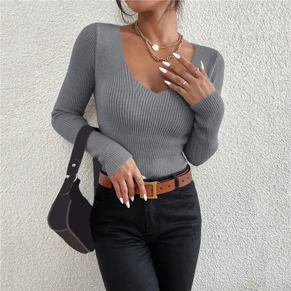 Ribbed V Neck Long Sleeve Top