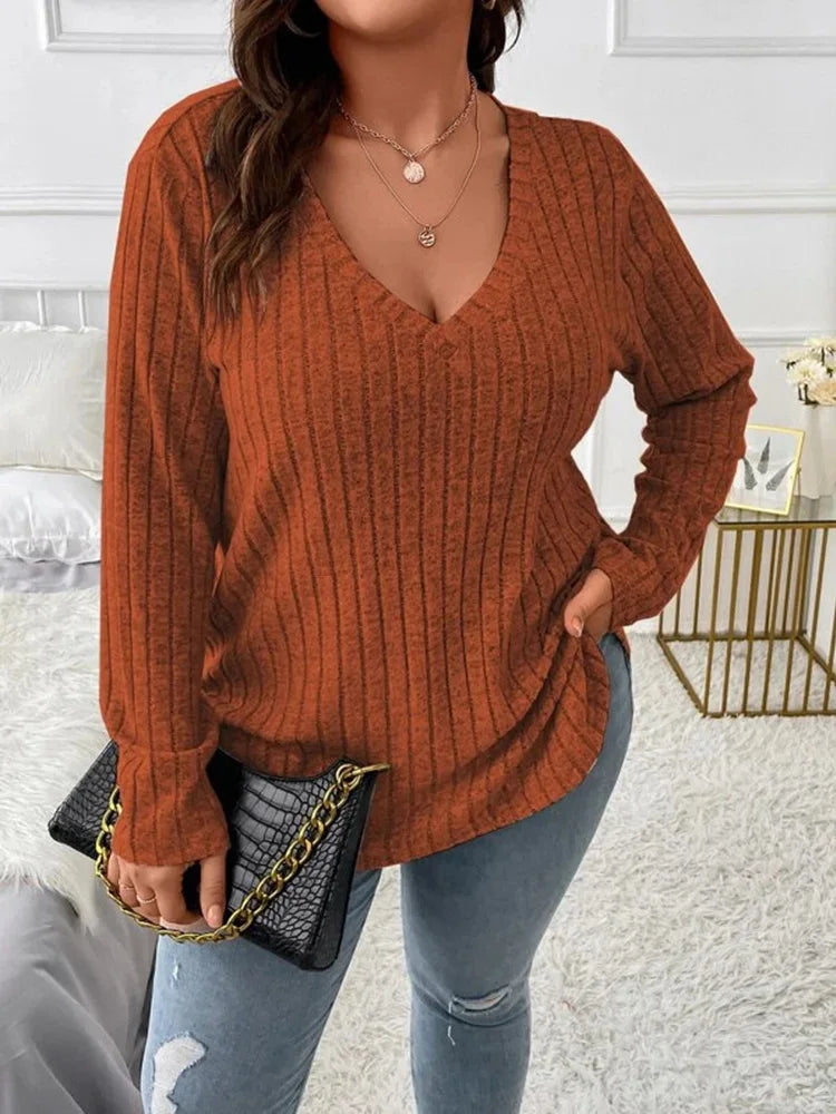 Plus Size V-Neck Ribbed Long Sleeve Top