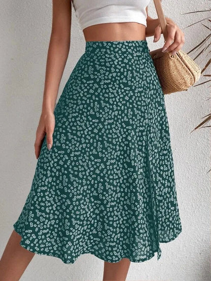 Floral Print Elastic Waist Leg Split Midi Skirt