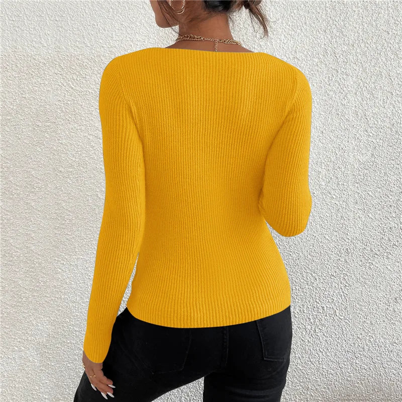 Ribbed V Neck Long Sleeve Top