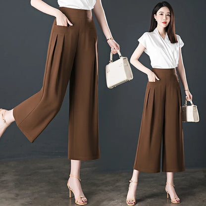 Wide Leg High Waist Office 3/4 Trousers