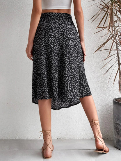 Floral Print Elastic Waist Leg Split Midi Skirt