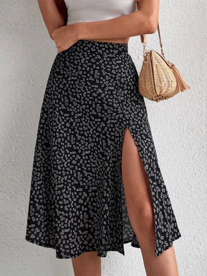 Floral Print Elastic Waist Leg Split Midi Skirt