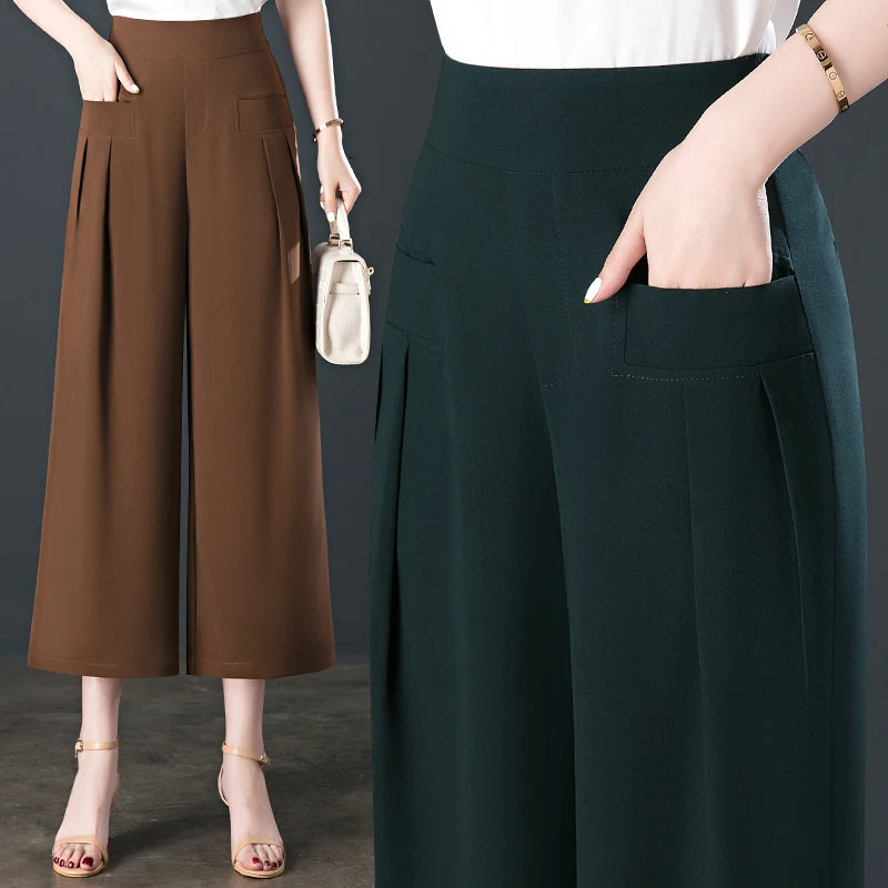 Wide Leg High Waist Office 3/4 Trousers