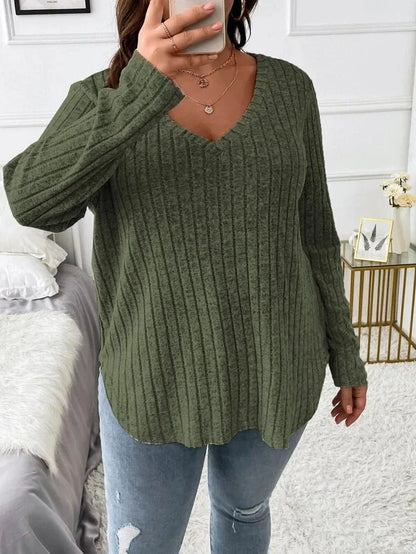 Plus Size V-Neck Ribbed Long Sleeve Top