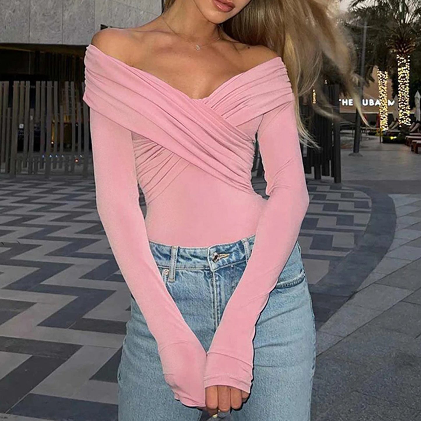 Off Shoulder Long Sleeve Slim Fit Top