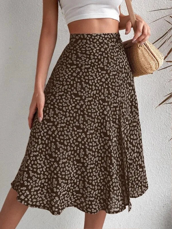 Floral Print Elastic Waist Leg Split Midi Skirt