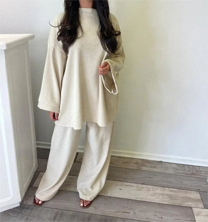 Co-Ord Set Solid Ribbed Loose Long Sleeve Top + Wide Leg Corduroy Trousers