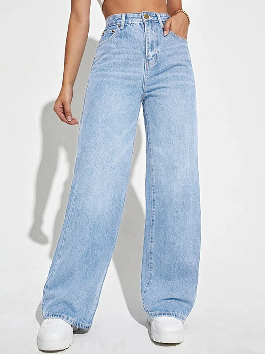 Straight Wide Leg High Waist Light Wash Denim Jeans