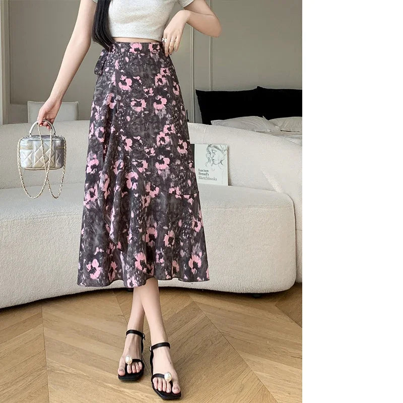 Flower Print High Waist Slit Midi Skirt