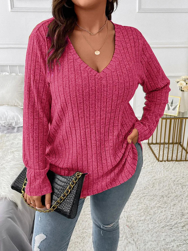 Plus Size V-Neck Ribbed Long Sleeve Top