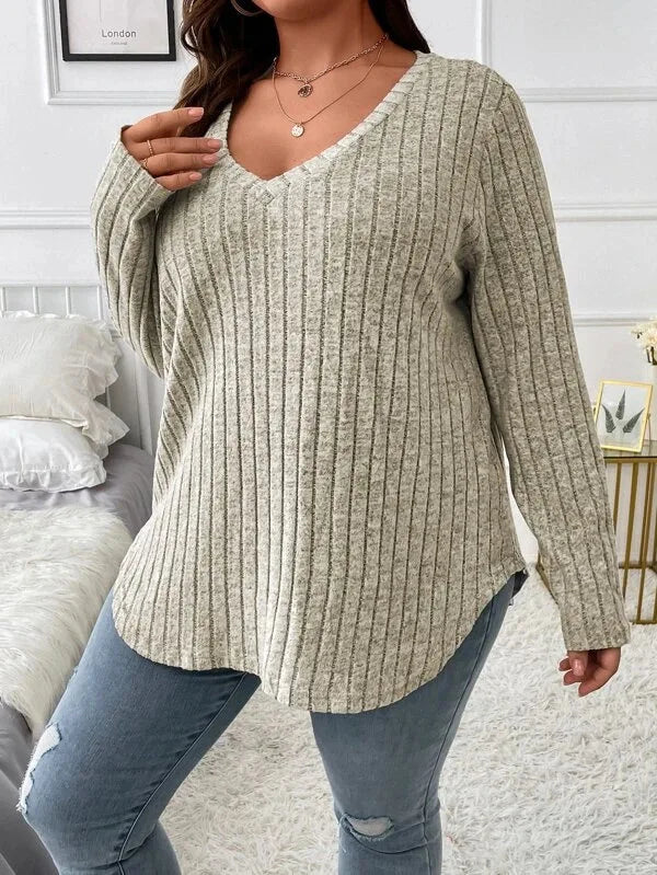 Plus Size V-Neck Ribbed Long Sleeve Top