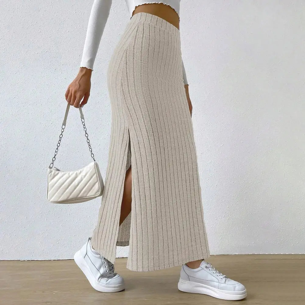 Ribbed High Waist Side Split Maxi Skirt