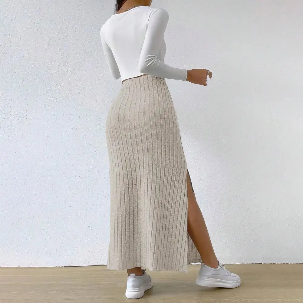 Ribbed High Waist Side Split Maxi Skirt