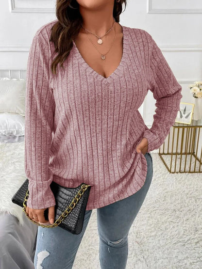 Plus Size V-Neck Ribbed Long Sleeve Top